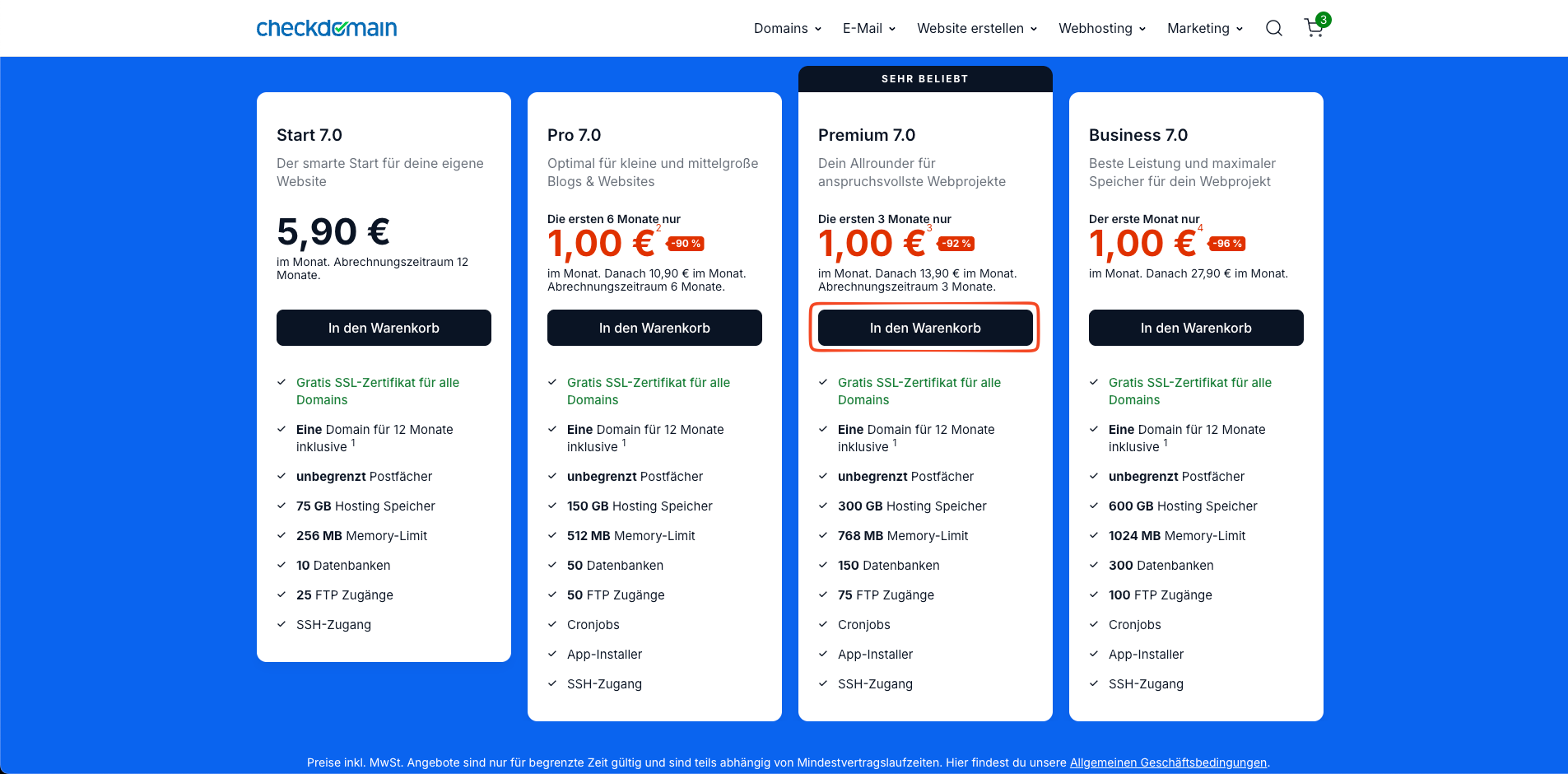 Webhosting-Paket in den Warenkorb legen