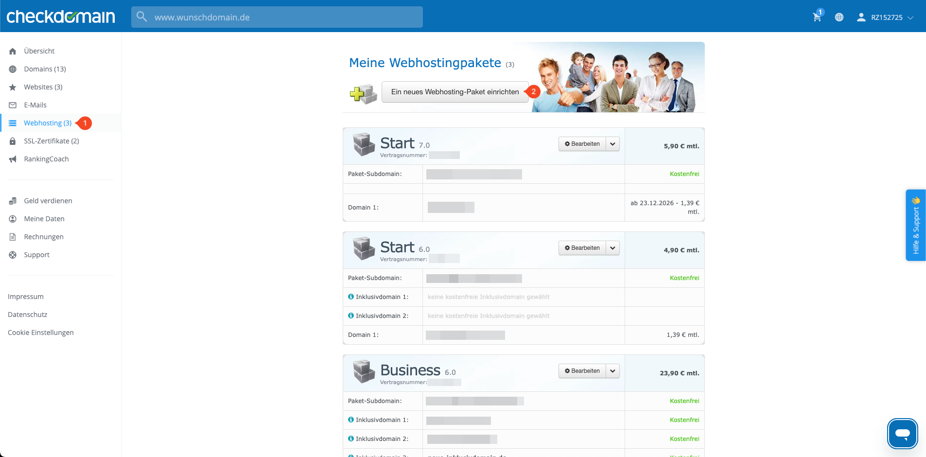 Webhosting im Kundenbereich öffnen