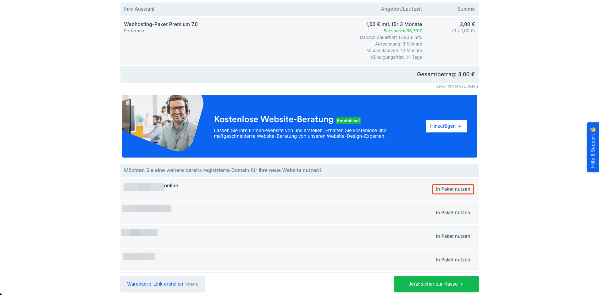 Bestehende Domain im Warenkorb dem Webhosting-Paket zuordnen