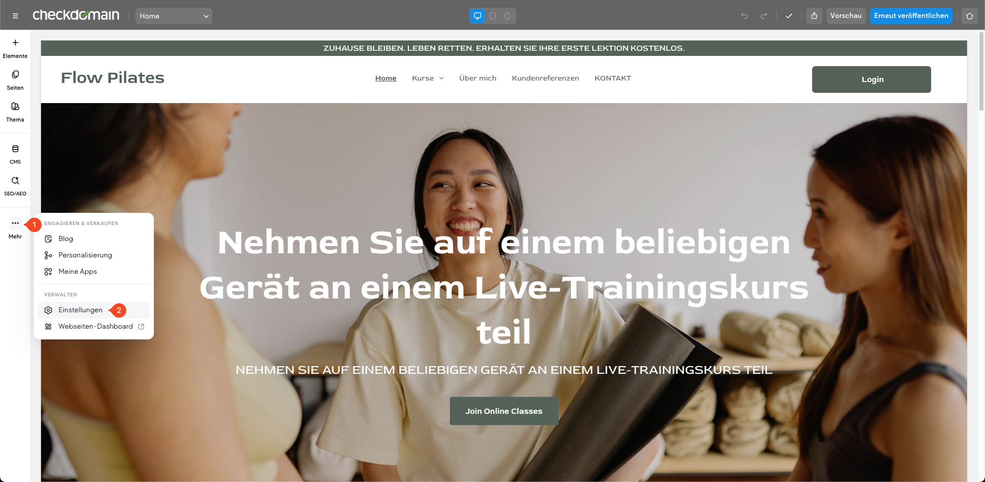Einstellungen im Homepage-Baukasten öffnen